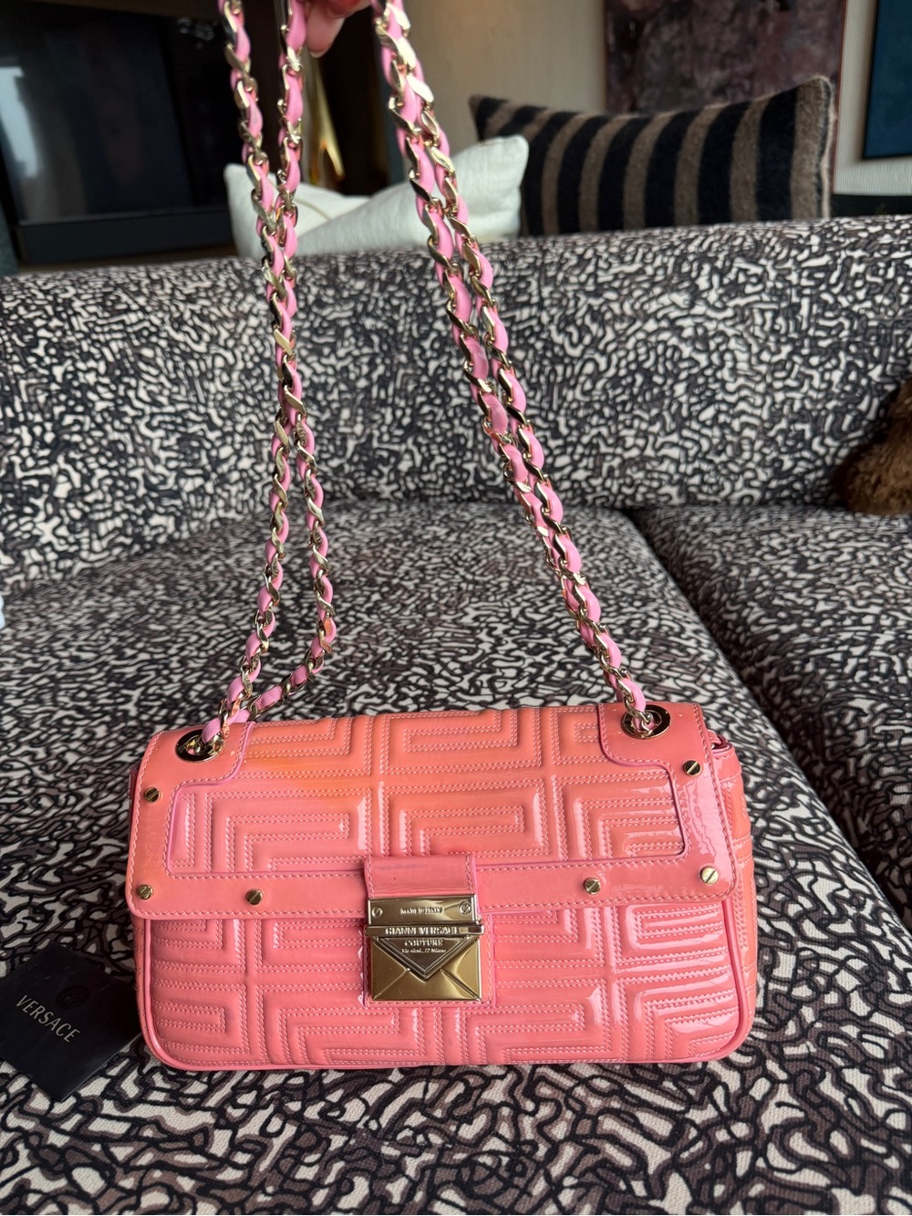 Vintage Gianni Versace Couture Pink Patent Greca Quilted Shoulder Bag